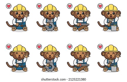 Vector Illustration of Cute sitting Monkey cartoon with Handyman costume and hand up pose. Set of cute little Monkey characters. Collection of funny little Monkey isolated on a white background.