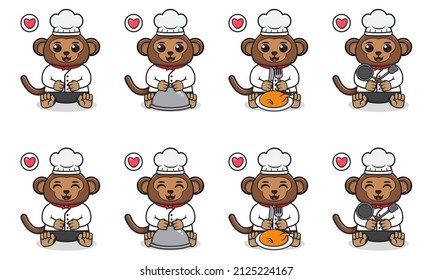 Vector Illustration of Cute sitting Monkey cartoon with Chef costume. Set of cute little Monkey characters. Collection of funny little Monkey isolated on a white background.