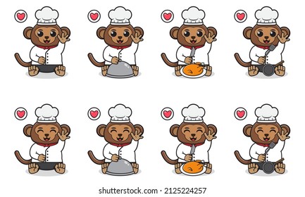 Vector Illustration of Cute sitting Monkey cartoon with Chef costume and hand up pose. Set of cute little Monkey characters. Collection of funny little Monkey isolated on a white background.
