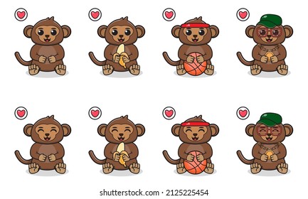 Vector Illustration of Cute sitting Monkey cartoon. Set of cute little Monkey characters. Collection of funny little Monkey isolated on a white background.