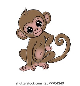 Vector illustration of a cute sitting monkey. Monkey cartoon icon isolated in white background.