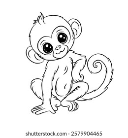 Vector illustration of a cute sitting monkey. Monkey cartoon icon isolated in white background. Line art.