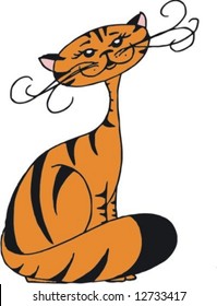 vector illustration of a cute sitting orange caz with stripes and long wavy whiskers