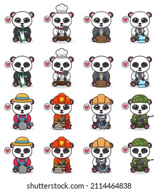 Vector Illustration of Cute sitting Panda cartoon with different costume. Set of cute little panda characters. Flat icons in cartoon style.