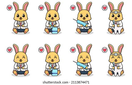 Vector Illustration of Cute sitting Rabbit with Doctor costume. Set of cute smile Bunny characters. Flat icons in cartoon style.