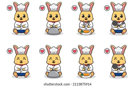 Ilustración vectorial del Conejo Cute sentado con traje de chef. Juego de sonrisas adorables personajes de Bunny. Iconos planos con estilo de dibujos animados.