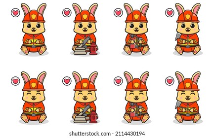 Vector Illustration of Cute sitting Rabbit with Firefighter costume. Set of cute smile Bunny characters. Flat icons in cartoon style.