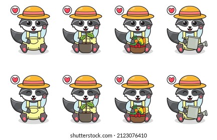 Vector Illustration of Cute sitting Raccoon cartoon with Farmer costume and hand up pose. Set of cute little Raccoon characters. Collection of funny little Raccoon isolated on a white background.