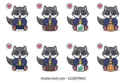 Vector Illustration of Cute sitting Raccoon cartoon with Businessman costume. Set of cute little Raccoon characters. Collection of funny little Raccoon isolated on a white background.