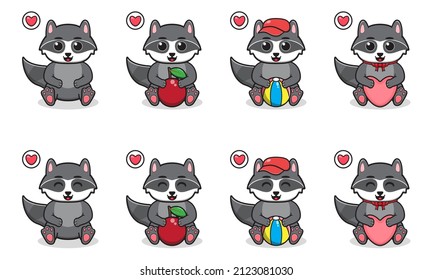 Vector Illustration of Cute sitting Raccoon cartoon. Set of cute little Raccoon characters. Collection of funny little Raccoon isolated on a white background.