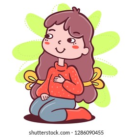 Vector illustration of a cute sitting smiling girl with beautiful long brunette hair on white background. Hand drawn line art style of girl for web, site, card, banner