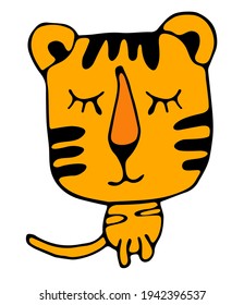 Vector illustration, cute sitting tiger. Wild animal. Symbol of 2022. cute animal character idea for child and kid printable stuff and t shirt, greeting card, nursery wall art, postcard