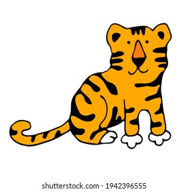 Vector illustration, cute sitting tiger. Wild animal. Symbol of 2022. cute animal character idea for child and kid printable stuff and t shirt, greeting card, nursery wall art, postcard