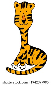 Vector illustration, cute sitting tiger. Wild animal. Symbol of 2022. cute animal character idea for child and kid printable stuff and t shirt, greeting card, nursery wall art, postcard
