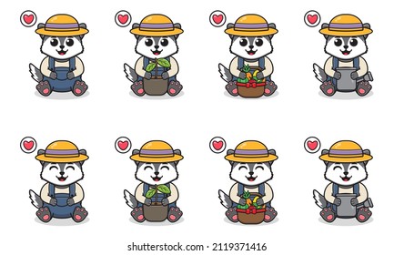 Vector Illustration of Cute sitting Wolf cartoon with Farmer costume. Set of cute little Wolf characters. Collection of funny little wolf isolated on a white background.