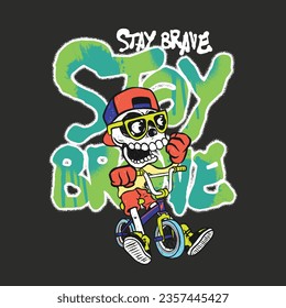 Vector illustration of cute skeleton riding a bike and graffiti writing elements