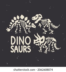 vector illustration of cute skeletons of dinosaurs. Can be used as a print for baby clothes, a poster, a sticker