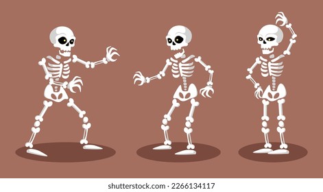 Vektorgrafik süßer Skelette auf braunem Hintergrund. Charmante Figuren in verschiedenen Posen mit Schädel und Knochen gehen, singen und stehen in Cartoon-Stil. Skelettfiguren zu Halloween.