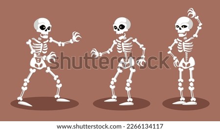 Vector illustration of cute skeletons on a brown background. Charming characters in different poses with skulls and bones walk, sing, and stand in cartoon style. Skeleton characters for Halloween.