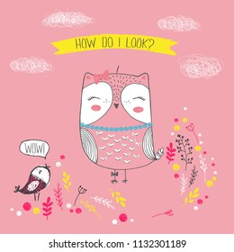 Vector illustration of cute sketch owl, bird, flowers, clouds and inscription how do i look, can be used as print for t shirt