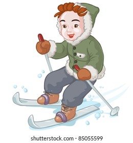 Vector illustration, cute skier boy, card concept, white background.