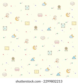 Vector illustration of a cute sleep. Collection of insomnia, bed, time, zzz, moon, cloud, alarm, clock, pillows and other elements. Isolated on beige.