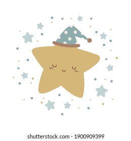 Vector illustration of cute sleeping baby star. Isolated on white background. Suite for baby shower card, invitation, nursery decor, sticker, baby wear, and more.