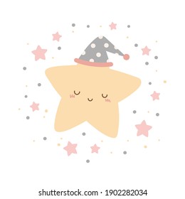 Vector illustration of cute sleeping baby star. Isolated on white background. Suite for baby shower card, invitation, nursery decor, sticker, baby wear, and more.