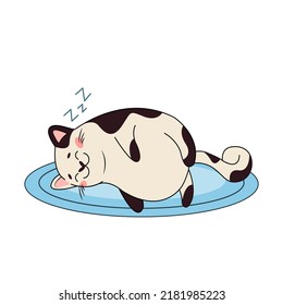 Vector illustration of a cute sleeping black and white cat. A happy pet. Great as a fashionable print for pajamas or T-shirts, postcards, stickers. Cartoon style