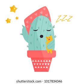 Vector illustration of cute sleeping cactus with teddy bear