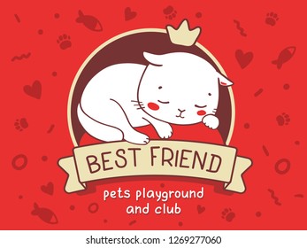 Vector illustration of a cute sleeping cat on the pillow in frame with crown and ribbon on red background with title. Hand drawn flat line art style for web, site, greeting card, invitation, banner
