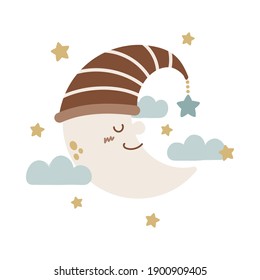 Vector illustration of cute sleeping crescent moon, cloud, and stars. Isolated on white background. Suite for baby shower card, invitation, nursery decor, sticker, baby wear, and more.
