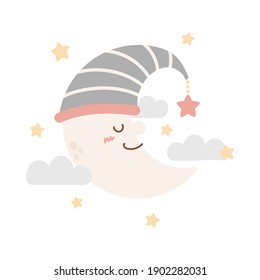 Vector illustration of cute sleeping crescent moon, cloud, and stars. Isolated on white background. Suite for baby shower card, invitation, nursery decor, sticker, baby wear, and more.