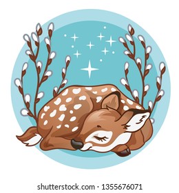 Vector illustration with cute sleeping deer and with willows on a round background. 