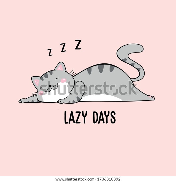 文字が遅いかわいい眠りのグレー猫のベクターイラスト タブレットで描いた絵 カートーンカードなど パジャマやtシャツのファッションプリント おやすみ 甘い夢などに使えます のベクター画像素材 ロイヤリティフリー