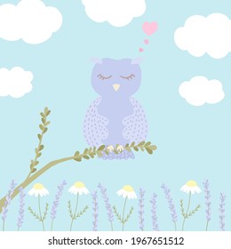Ilustración vectorial con adorable búho dormido, nubes, camomila y lavanda sobre fondo azul. Para los afiches de la guardería, diseño impreso, tarjeta de saludo, ducha de bebé, camisetas para niños o pijamas.