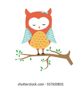 vector illustration of cute sleeping owl on the tree with leaves. Great for nursery decoration or card for children