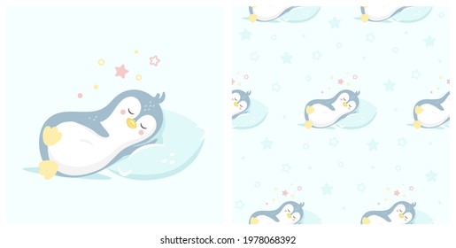 Vector Illustration of Cute sleeping penguin with seamless pattern. Can be used for baby t-shirt print, fashion print design, kids wear, baby shower celebration greeting and invitation card.