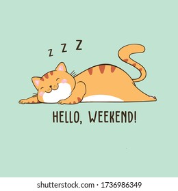 Vector illustration of cute sleeping redhead cat with lettering lazy days, picture drawn with a tablet, cartoon card, can be used as fashion print for pajamas or t shirt, good night, sweet dreams