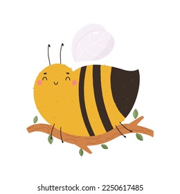 Ilustración vectorial de una linda abeja somnolienta descansando en una rama. Infección divertida aislada en fondo blanco