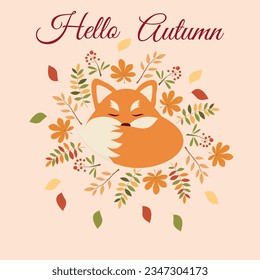 Vector illustration with cute sleepy fox.  Forest animals and plants. Autumn card with the inscription. Hello autumn. Banner, postcard, poster, vector illustration