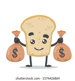 vector illustration of cute slice bread mascot  holding two sacks of money