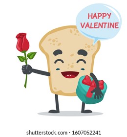 vector illustration of cute slice bread mascot or character give flower and gift and says valentine