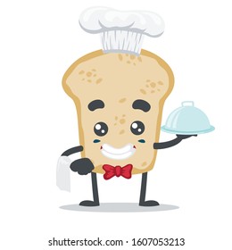 vector illustration of cute slice bread mascot or character wearing chef costume and serve food