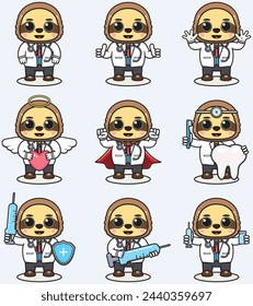 Vector Illustration of Cute Sloth cartoon with Doctor costume. Set of cute Sloth characters. Collection of funny little Sloth.