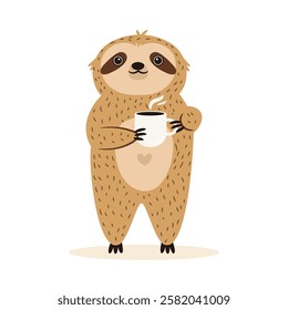 Vector illustration of cute sloth character holding a coffee cup. Perfect for prints. stickers, greeting cards