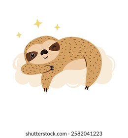 Vector illustration of cute sloth character resting on a cloud. Perfect for prints. stickers, greeting cards