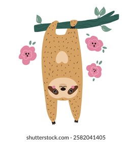 Vector illustration of cute sloth character hanging on a tree branch. Perfect for prints. stickers, greeting cards