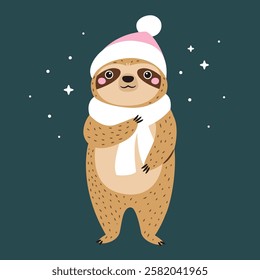 Vector illustration of cute sloth character wrapping in a scarf and winter hat. Perfect for prints. stickers, greeting cards
