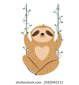 Vector illustration of cute sloth character swinging on a vine. Perfect for prints. stickers, greeting cards